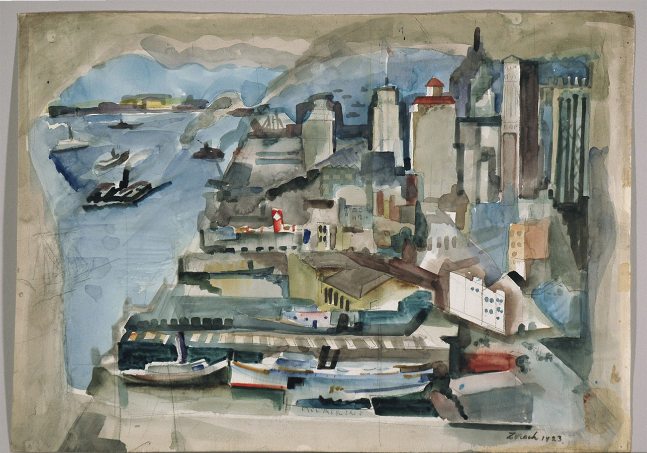 Recto (front), before treatment. William Zorach (b. Eurburg, Lithuania, 1887; d. Bath, Maine, 1966). New York Harbor, 1923. Watercolor on Paper. 15 1/4"x21 1/2" signed and dated, bottom right corner