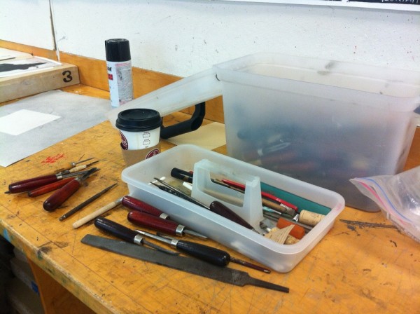 A photograph of tools in master printer Scip Barnhart's studio taken by Brooke Rosenblatt during a visit.
