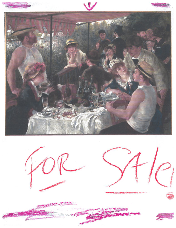 Blog contributor Rolf Rykken's birthday card for the blog is a cheeky offer to sell Renoir's Luncheon of the Boating Party