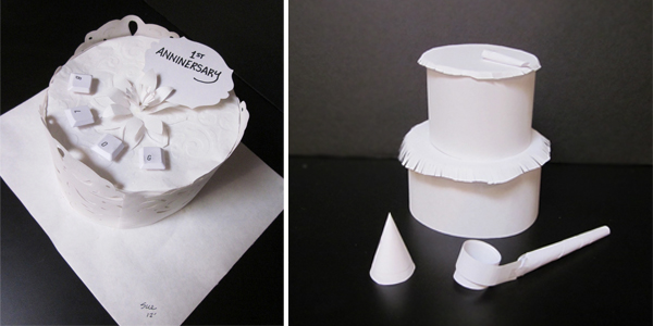 Photos of two hand-made paper cakes by Sue Ahn and Sandy Lee