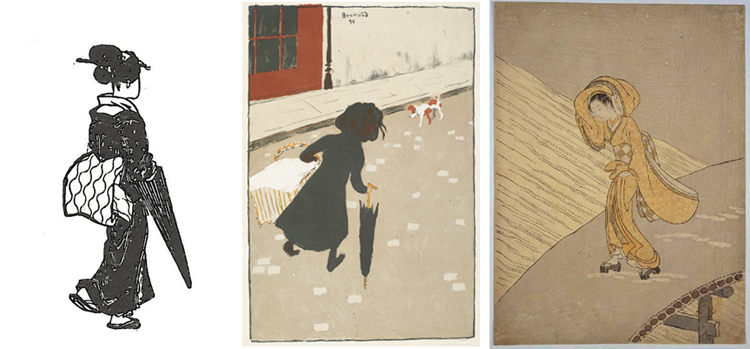 (Left) Woman walking with an umbrella, seen from behind. Reproduction from a Japanese print, published in Le Japon Artistique, March 1891. (Center) Pierre Bonnard, The Little Laundress, 1896. Color lithograph, 11 3/4 x 7 1/2 in. Van Gogh Museum, Amsterdam (Vincent van Gogh Foundation) © 2012 Artists Rights Society (ARS), New York / ADAGP, Paris. (Right) Attributed to Suzuki Harunobu, 1725-1770. A young woman crossing a snow-covered bridge. Color Woodcut. 1765. The Gale Collection. The Minneapolis Institute of Arts.