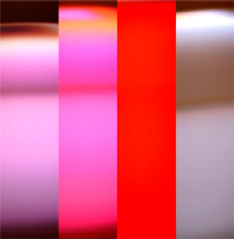 Photo collage showing multiple bands of color from Leo Villereal's digial light artwork Scramble, created by Kate Boone.