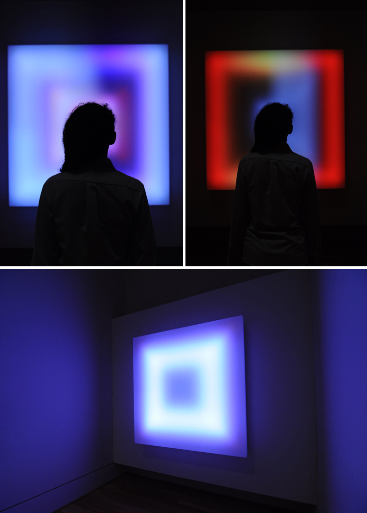 Photos of viewer silhouetted by square, multi-colored digital light artwork by Leo Villereal taken by Joshua Navarro.
