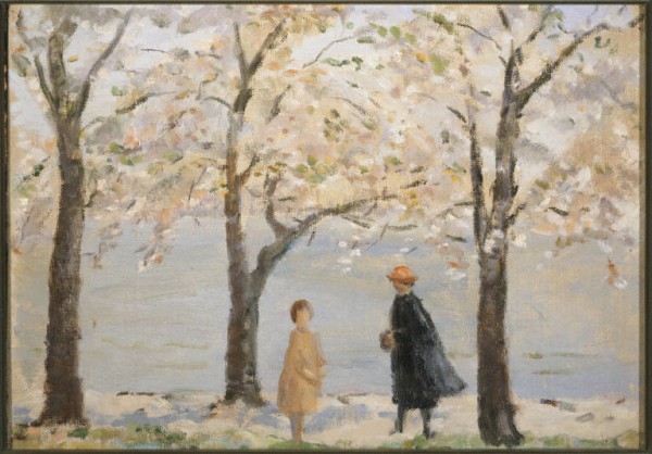 Painting by Marjorie Phillips of a woman in hat and jacket with young girl under blossoming cherry blossom trees at the Tidal Basin.
