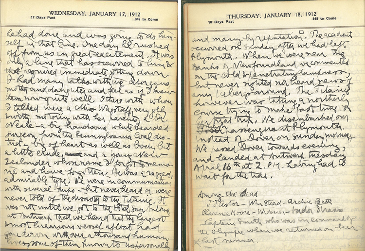 Journal pages including Phillips's knowledge of the sinking of the Titanic