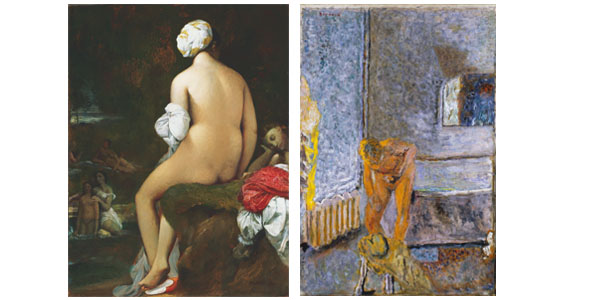 (left) Jean-Auguste-Dominique Ingres, The Small Bather, 1826. Oil on canvas, 12 7/8 x 9 7/8 in. The Phillips Collection, Washington, D.C. Acquired 1948.(right) Pierre Bonnard, Nude in an Interior, c. 1935. Oil on canvas, 28 3/4 x 19 3/4 in. The Phillips Collection, Washington, D.C. Acquired 1952.