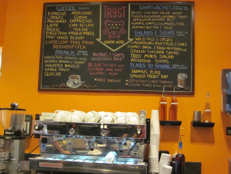 Tryst at the Phillips chalkboard menu and espresso machine. Photo: Amy Wike
