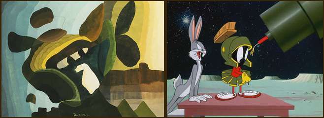 (left) Arthur Dove, 1941, 1941. Wax emulsion on canvas, 25 x 35 in. The Phillips Collection, Washington, D.C. Acquired 1942. (right) Looney Tunes' Marvin Martian (with Bugs Bunny).