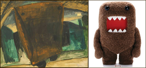 (left) Arthur Dove, Coal Carrier, 1929 or 1930. Oil on canvas, Oil on canvas, 20 x 26 in. The Phillips Collection, Washington, D.C. Acquired 1930. (left) Domo, mascot of NHK (Japanese Broadcasting Corporation).