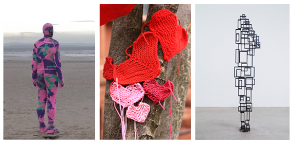Images of Gormley's sculpture adorned with knitwear, the Phillips and Looped hand-knit valentine to Dupont, and a sculpture from the current Gormley exhibition at the Phillips