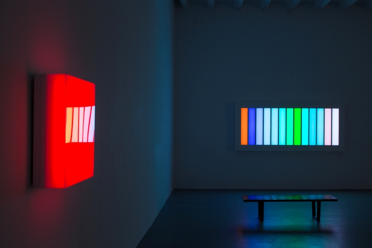 Leo Villareal's small Scramble (left) reflects light from Coded Spectrum (right). (c) Leo Villareal, photo courtesy Conner Contemporary Art