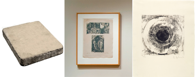 (left to right) Lithography stone; 0 from Jasper Johns, 0–9, 1963. 10 lithographs, 20 5/8 x 15 1/2 in.; Jasper Johns, Target, 1960. Lithograph, 22 1/2 x 17 1/2 in; Both Johns prints published by Universal Limited Art Editions. John and Maxine Belger Foundation © Jasper Johns and ULAE / Licensed by VAGA, New York, NY.