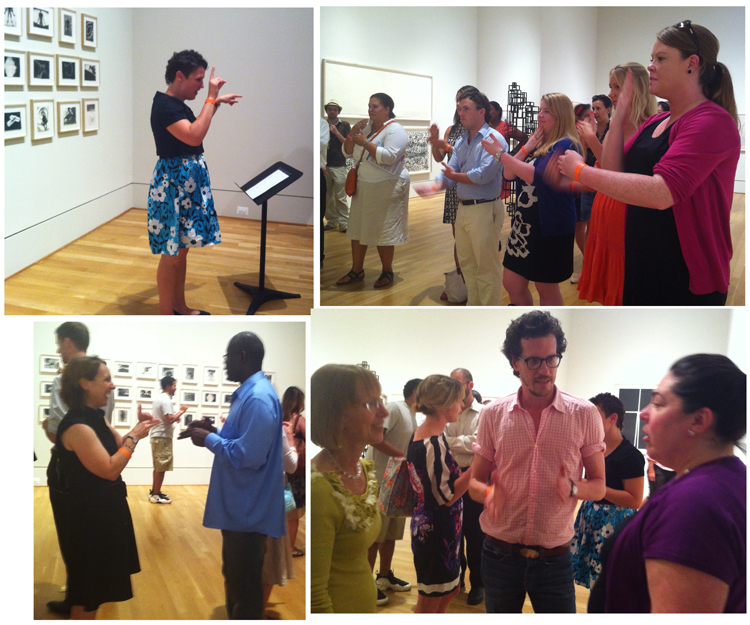 Photos of guests at Phillips after 5 participating in American Sign Language lessons.