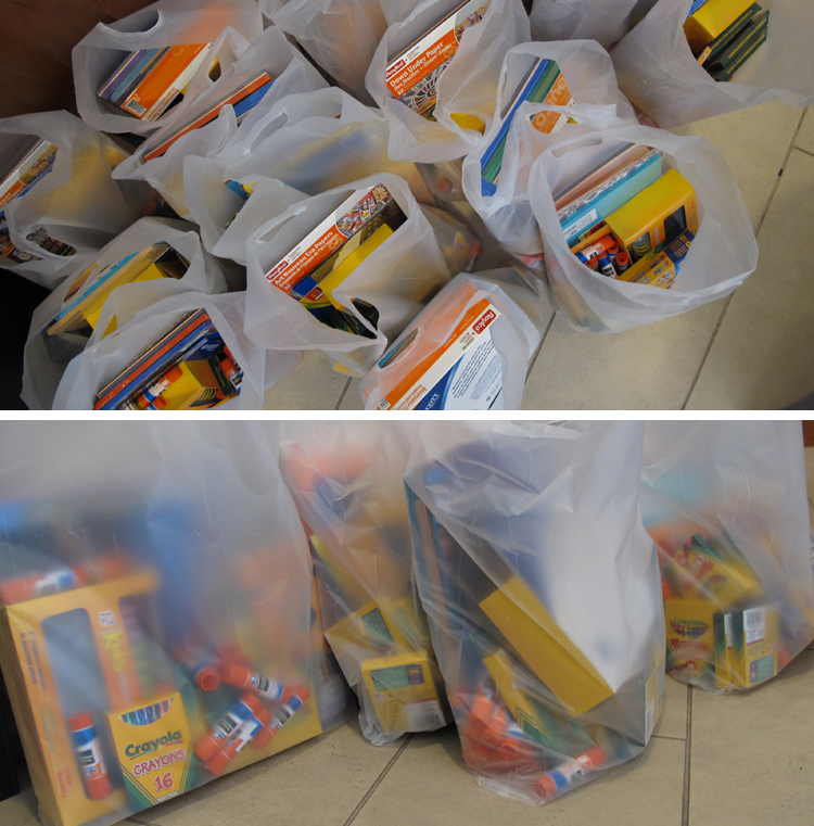 Photos of bags packed with k-12 teaching materials