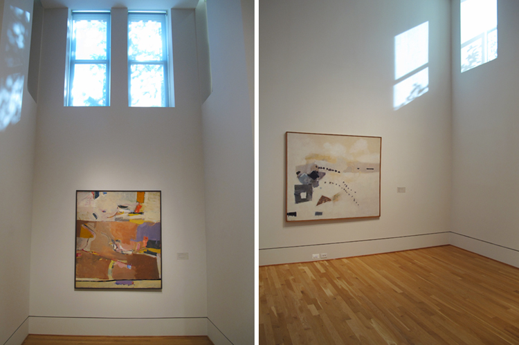 (left) Richard Diebenkorn, Berkeley No. 1, 1953. Oil on canvas, 60 1/4 x 52 3/4 in. The Phillips Collection, Washington, D.C. Gift of Mr. and Mrs. Gifford Phillips, 1977. (right) Kenzo Okada, Footsteps, 1954. Oil on canvas, 60 3/8 x 69 7/8 in. The Phillips Collection, Washington, D.C. Acquired 1956.