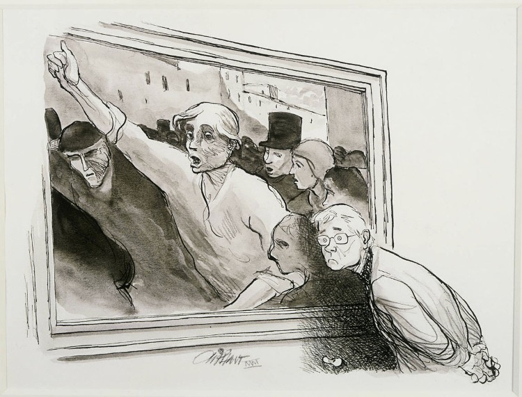 Patrick Oliphant, Homage to Daumier, Feb. 20, 2000. Ink, ink wash and pencil on paper, 9 1/2 x 12 1/2 in. The Phillips Collection, Washington, D.C. Gift of the artist, 2002.