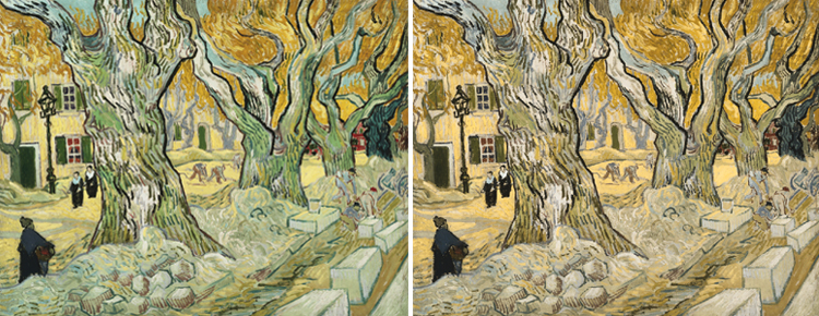 Side by side comparison of van gogh's original The Road Menders and the same painting run through a Chromatic Vision Simulator