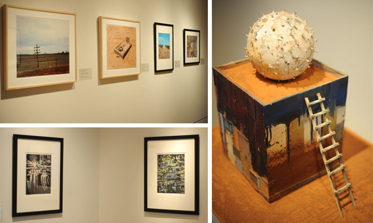 (clockwise from upper left) Contemporary photographs from The Phillips Collection, including William Christenberry's "Gourd Tree, near Akron, Alabama" (1981); William Christenberry, "Southern Monument XI", 1983. Mixed media, wood, metal, signage, roofing materials and paint, 19 in x 28 1/2 in x 19 in. The Phillips Collection, Washington, D.C. Gift of Philip M. Smith, 2004; two ink paintings by William Christenberry, "Tree" (2006) and "Night Landscape" (2004), both German ink on sandpaper; 11 x 9 inches. Gift of Sandra and William Christenberry, 2010. Photos: Joshua Navarro