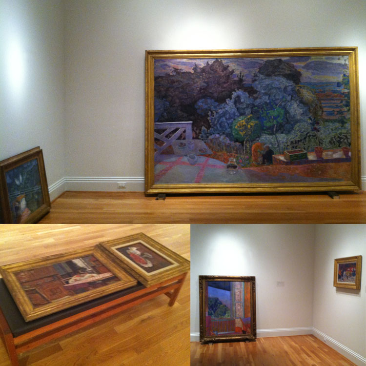 (clockwise from top) Marc Chagall's The Dream (1939) and Pierre Bonnard's The Terrace (1918) take their positions and wait to be hung. Bonnard's The Open Window (1921) and The Checkered Tablecloth (c. 1925) will soon hang side by side. Bonnard's Interior With Boy (1910) and Bowl of Cherries (1920) await placement.