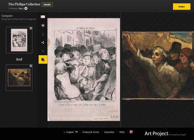 Google Art Project comparison of two works that feature crowds by Honore Daumier in The Phillips Collection: at left, Le Public du Salon: Un jour où l’on ne paye pas…, 1852. Lithograph on paper. 14 1/8 x 10 in. Gift of the Dwight Clark Bequest; at right, The Uprising (L'Emeute), 1848 or later. Oil on canvas, 34 1/2 x 44 1/2 in. Acquired 1925Google Art Project comparison of two works that feature crowds by Honore Daumier in The Phillips Collection: at left, Le Public du Salon: Un jour où l’on ne paye pas…, 1852. Lithograph on paper. 14 1/8 x 10 in. Gift of the Dwight Clark Bequest; at right, The Uprising (L'Emeute), 1848 or later. Oil on canvas, 34 1/2 x 44 1/2 in. Acquired 1925