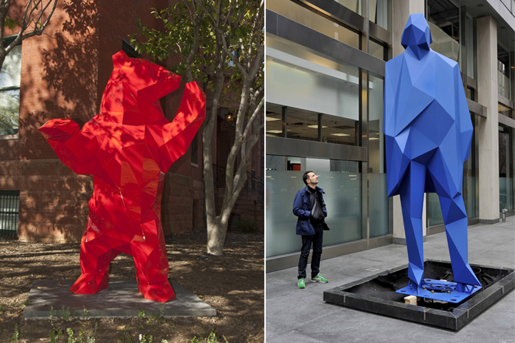 (Left) Xavier Veilhan, The Bear, 2010. Painted polyurethane resin, 106 ¼ x 69 ¼ x 53 3/8 in. Private collection, USA. Courtesy Galerie Perrotin, Hong Kong and Paris. Installation view, 2012, The Phillips Collection Photo © Lee Stalsworth © 2012 Veilhan / ADAGP, Paris, and ARS, New York. (Right) Xavier Veilhan, Jean-Marc, 2012. Acier inoxydable, peinture polyurethane / Stainless steel, polyurethane paint; 400 x 141 x 108 cm / 157 ½ x 55 ½ x 42 ½ in. Courtesy Andréhn-Schiptjenko, Stockholm. Photo © Stephen Smith; © Veilhan / ADAGP, Paris, 2012