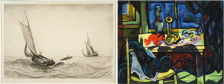 (Left) Reynolds Beal, In the Rips off Montauk, 1928, Drypoint on paper; 8 3/4 x 12 7/8 in. (22.2 x 32.7 cm). Acquisition date unknown. (Right) Rattner, Abraham, Window at Montauk Point, 1943, Oil on canvas; 25 5/8 x 32 in.; 65.0875 x 81.28 cm.. Acquired 1943.