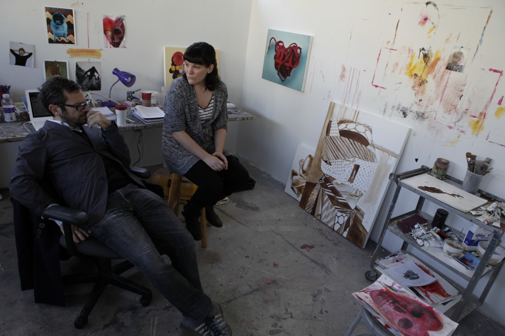 Reyes (right) during his studio visits and critiques at GW University. Photos: Dean Kessmann