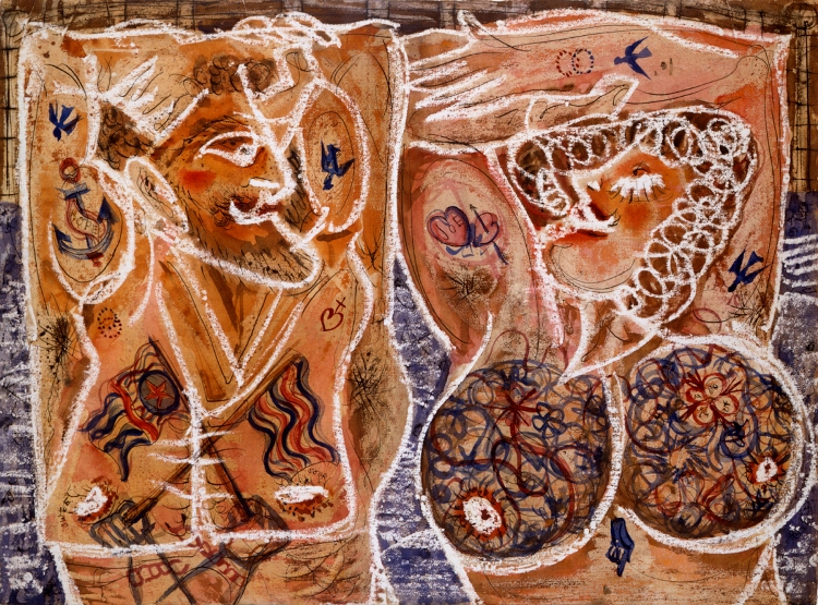 Alfonso Ossorio, Tattooed Couple, 1950. Watercolor, ink, and gouache on paper, 20 3/4 x 25 1/2 in. Collection of Michael Rosenfeld and halley k harrisburg