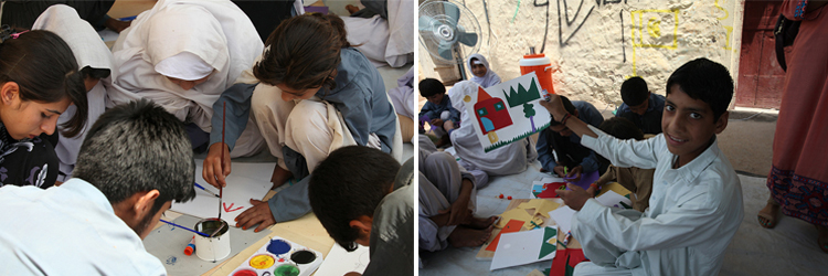 Students create art in response to Jacob Lawrence's Migration Series in Islamabad, Pakistan.