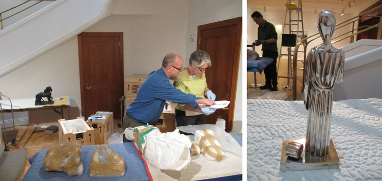 Phillips employees unpack and place the works featured in the exhibition.
