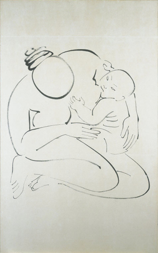 ink drawing of a mother nursing a child