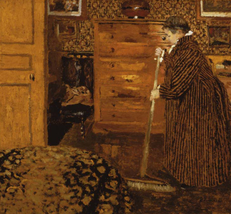 painting of a woman sweeping a bedroom
