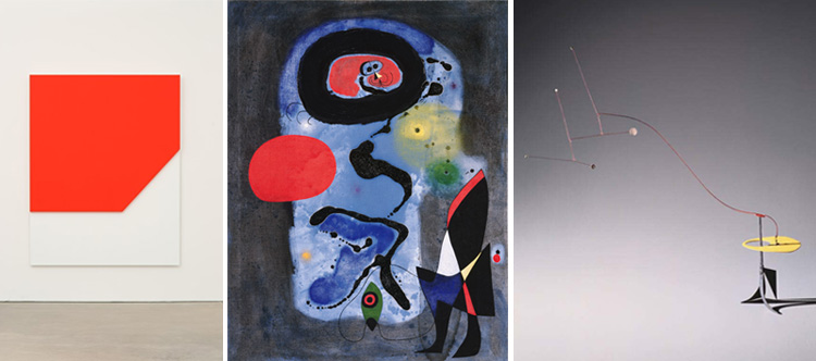 Image of works by Ellsworth Kelly, Joan Miro, and Alexander Calder