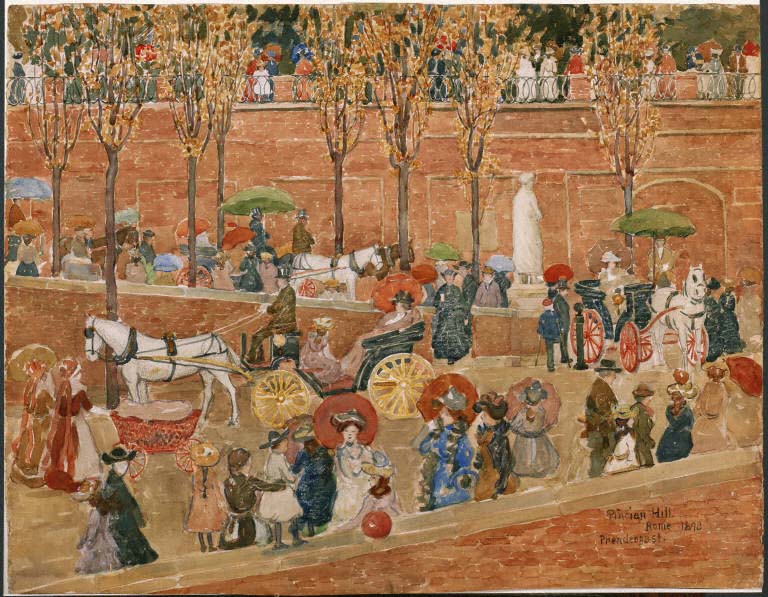 Maurice Prendergast, Pincian Hill, Rome, 1898. Watercolor over graphite pencil underdrawing on thick, medium-textured, off-white watercolor paper, 21 x 27 in. (53.34 x 68.58 cm). The Phillips Collection, Washington, D.C., Acquired 1920.