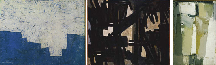 (Left to right) Serge Poliakoff, Composition, 1957, Tempera on plywood panel 34 7/8 x 45 1/2 in.; 88.5825 x 115.57 cm.. Acquired 1959.; Pierre Soulages,  July 10, 1950, 1950, Oil on canvas 51 1/4 x 63 5/8 in.; 130.175 x 161.6075 cm.. Acquired 1951; Olivier Debré, Cliffs, 1955, Oil on canvas 57 1/2 x 38 1/2 in.; 146.05 x 97.79 cm.. Acquired 1959. 