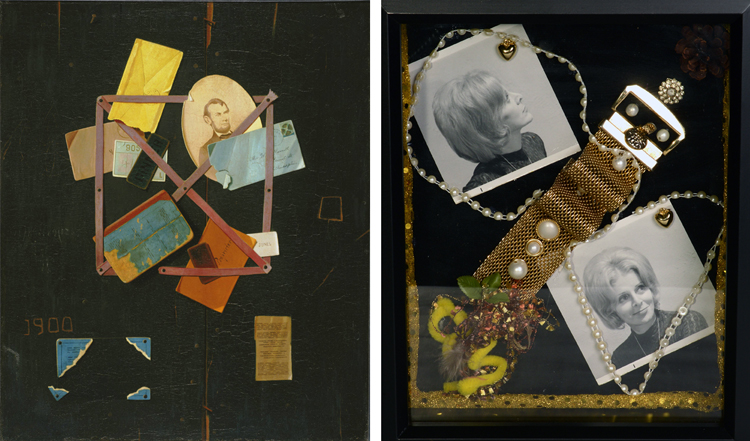 (Left) John Frederick Peto, Old Time Card Rack, 1900. Oil on canvas, 30 x 25 in. Acquired 1939. The Phillips Collection. (Right) Susan Meyers, Momma—Earlier Days, 2013. Mixed Media.