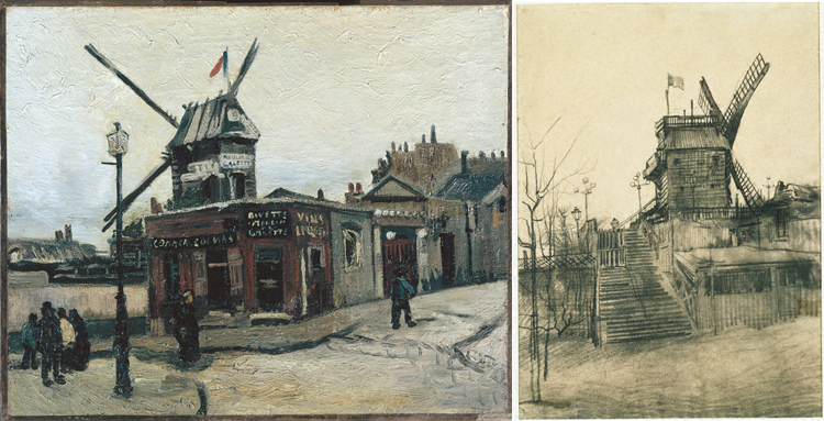 (Right) 2)Vincent van Gogh, Le Moulin de la Galette, 1886. Oil on canvas, 15 x 18 1/4 in. Nationalgalerie, Staatliche Museen, Berlin, Germany. (Left) Vincent van Gogh, Moulin de la Galette, 1887, Pencil and ink on paper 21 1/4 x 15 5/8 in.; 53.975 x 39.6875 cm.. Acquired 1953. The Phillips Collection, Washington DC.