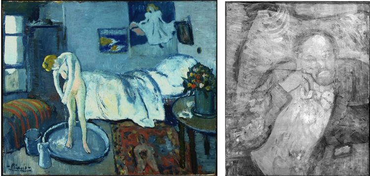 (Left) Pablo Picasso, The Blue Room, 1901, Oil on canvas 19 7/8 x 24 1/4 in.; 50.4825 x 61.595 cm. Acquired 1927. (Right) Infrared of Pablo Picasso’s The Blue Room (1901). The Phillips Collection, copyright 2008.