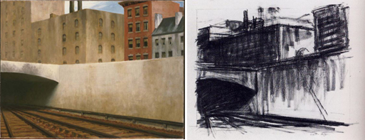(Left) Edward Hopper, Sunday, 1926, Oil on canvas 29 x 34 in.; 73.66 x 86.36 cm. Acquired 1926. Paintings, 0925, American. The Phillips Collection, Washington DC. (Right) Edward Hopper, Approaching a City, 1946, conte on paper, 15 1/16 c 22 1/8 in., Collection of Whitney Museum of American Art, New York; Bequest of Josephene N. Hopper, 70.869.