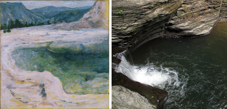 (Left) Twachtman, John Henry, The Emerald Pool, ca. 1895, Oil on canvas 25 x 25 in.; 63.5 x 63.5 cm.. Acquired 1921. The Phillips Collection, Washington DC. (Right) Photo by Sarah Osborne Bender