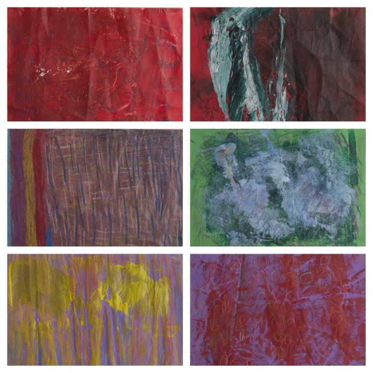 (Top left) Patricia Abell, Family, 2014. Acrylic paint and oil pastel on construction paper. (Top right) Isom "Ike" Hunter, Untitled, 2014. Acrylic paint on construction paper. (Middle left) Mildered Howard, The Perfect Paint, 2014. Acrylic paint and oil pastel on construction paper. (Middle right) Alexander Tscherny, Untitled, 2014. Acrylic paint and oil pastel on construction paper. (Bottom left) Susan Morgan, Eye Opener, 2014. Acrylic paint and chalk pastel on construction paper. (Bottom right) Michael Schaff, People who know each other at a party, 2014. Acrylic paint and colored pencil on construction paper.