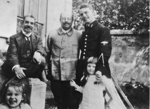 Mid–World War I: (left to right) Georges Rivière, Paul Cézanne, Jr., Jean Renoir; Jean-Pierre and Aline Cézanne in front (ca. 1916) (UCLA Charles E. Young Research Library, Department of Special Collections, Jean Renoir Collection).