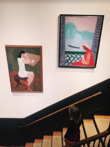 Left: Milton Avery, Girl Writing, 1941, Oil on canvas, 48 x 31 3/4 in. The Phillips Collection, Acquired 1943; Right: Milton Avery, March on the Balcony, 1952, Oil on canvas, 44 x 34 in., The Phillips Collection, Acquired 1961