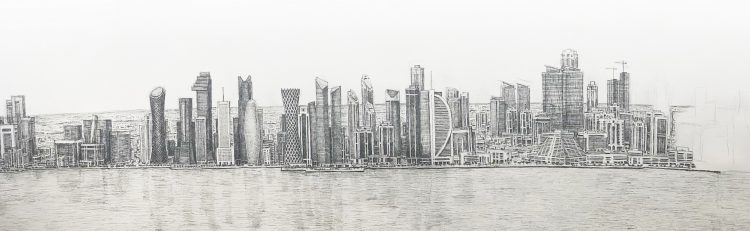 Doha, Qatar Cityscape drawn from memory by Stephen Wiltshire, photographed by Victor Pierre 