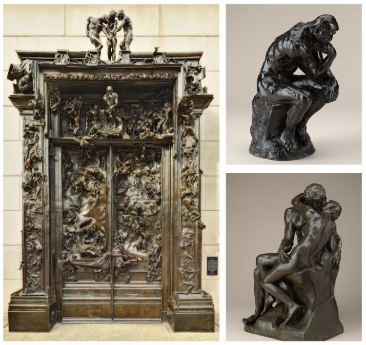 Far left: The Gates of Hell, 1880-c. 1890, cast 1981, Bronze, Cantor Arts Center, Gift of B. Gerald Cantor Collection Left top and bottom: The Thinker, modeled 1880, reduced 1903, cast later, Bronze; The Kiss, modeled c. 1881–82, cast later, Bronze; North Carolina Museum of Art, Gift of the Iris and B. Gerald Cantor Foundation