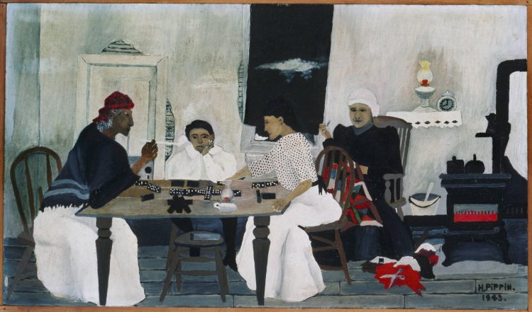 Horace Pippin "Domino Players" 1943, Oil on composition board, 12 3/4 x 22 in.; Acquired 1943