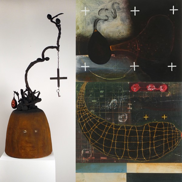 (Left) Renée Stout, Elegba (Spirit of the Crossroads), 2015 - 2019, mixed media, 39” x 17” x 13” (Upper right) Renée Stout, Mannish Boy Arrives (for Muddy Waters), 2017, acrylic and latex on wood panel, 16” x 20” x 1.5” (Lower right) Renée Stout, Escape Plan A, 2017, acrylic, varnish, and collage on wood panel, 10” x 10” x 1.5” 