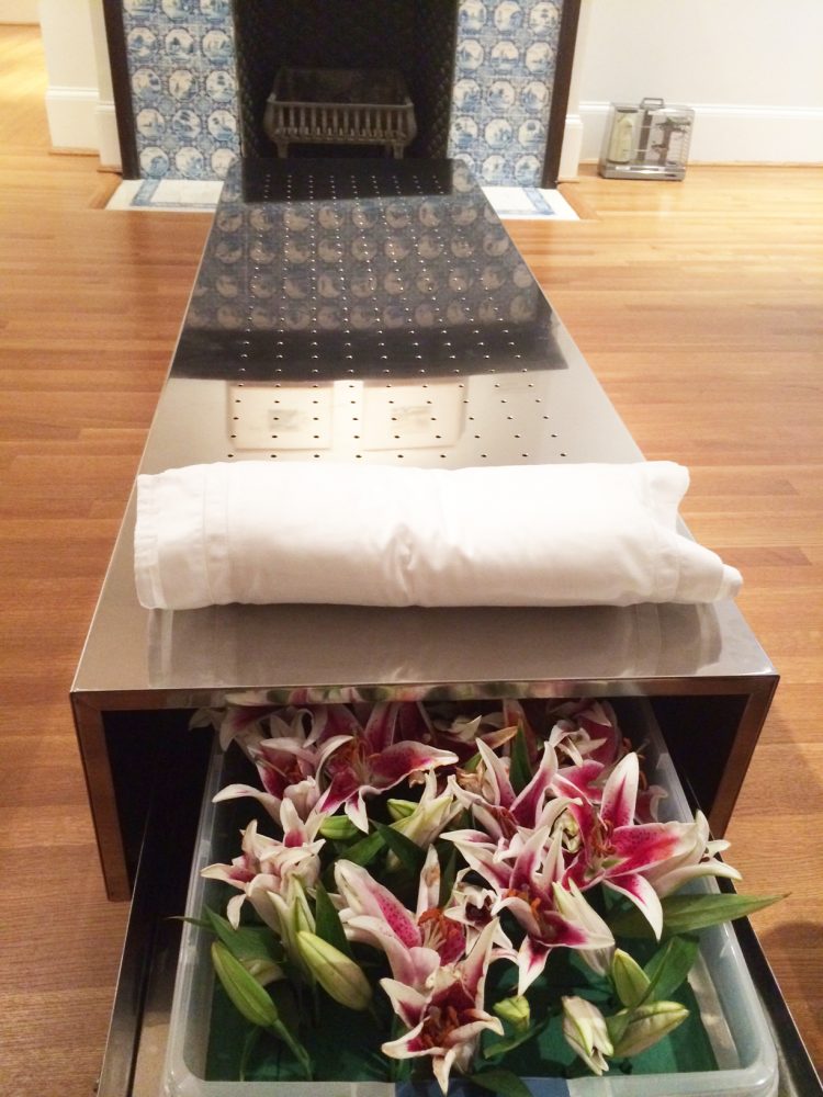 Fainting Couch, Valeska Soares; 2002; Stainless steel, flowers, and textile; 78 3/4 in x 23 1/2 in x 13 3/4 in; 200.03 cm x 59.69 cm x 34.93 cm; Gift from the Heather and Tony Podesta Collection, Washington, DC, 2012