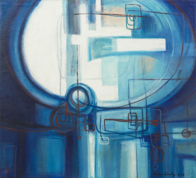 Zilia Sánchez, Azul azul (Blue Blue), 1956. Acrylic on canvas, 21 × 23 in., Collection of the artist, Courtesy Galerie Lelong & Co., New York