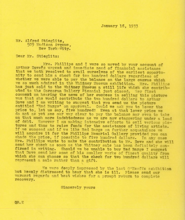 Duncan Phillips to Alfred Stieglitz, January 18, 1933